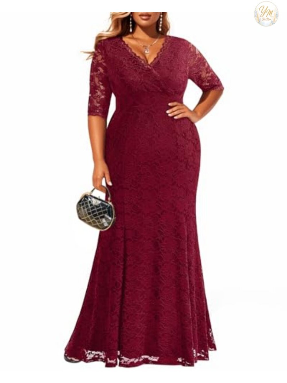 Lace Mermaid Formal Evening Gown 3/4 Sleeve V-Neck Plus Size